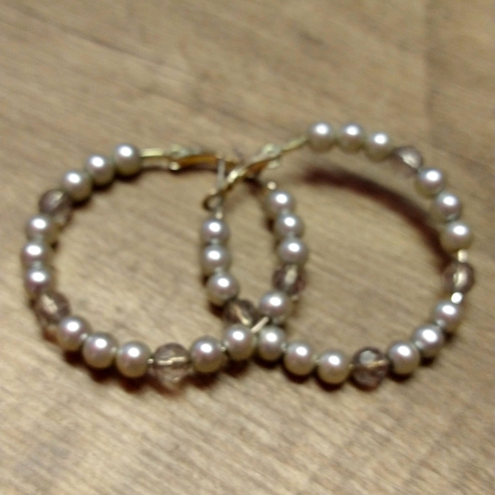 Gray Faux Pearl and Crystal Earrings. Hoop. Hooks